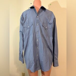 Plains Western Wear Men’s Large Blue Cotton Long Sleeve Pearl Snaps Cowboy Shirt